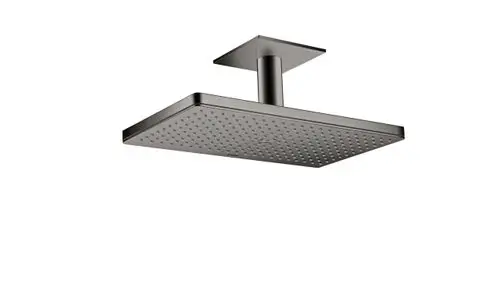 Schwarze Kopfbrause mit Deckenanschluss, rechteckiger Form und gleichmäßiger Düsenanordnung. Entwurf von AXOR für eine moderne Badezimmerarmatur.